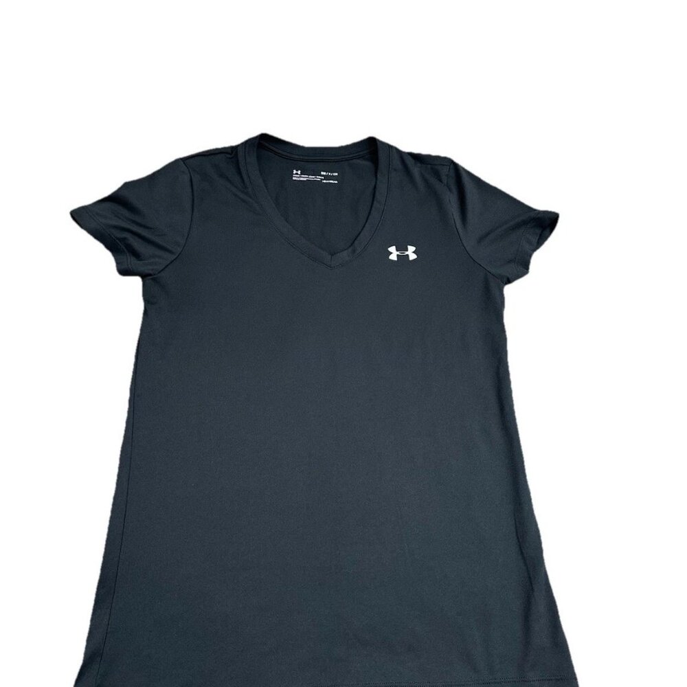 Women’s Under Armour Shirt Black HeatGear V-Neck Short Sleeve Loose Top Size S